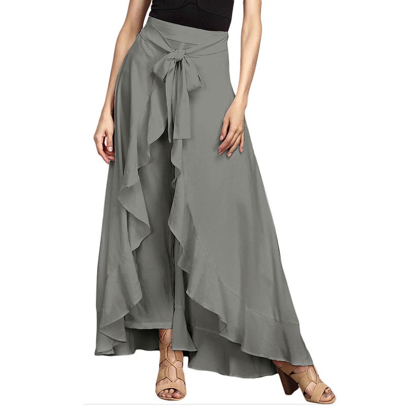 Meichoon Women's Ruffle Pants High Waist Trousers Casual Maxi Long Pant Skirts Grey Small - Image 4