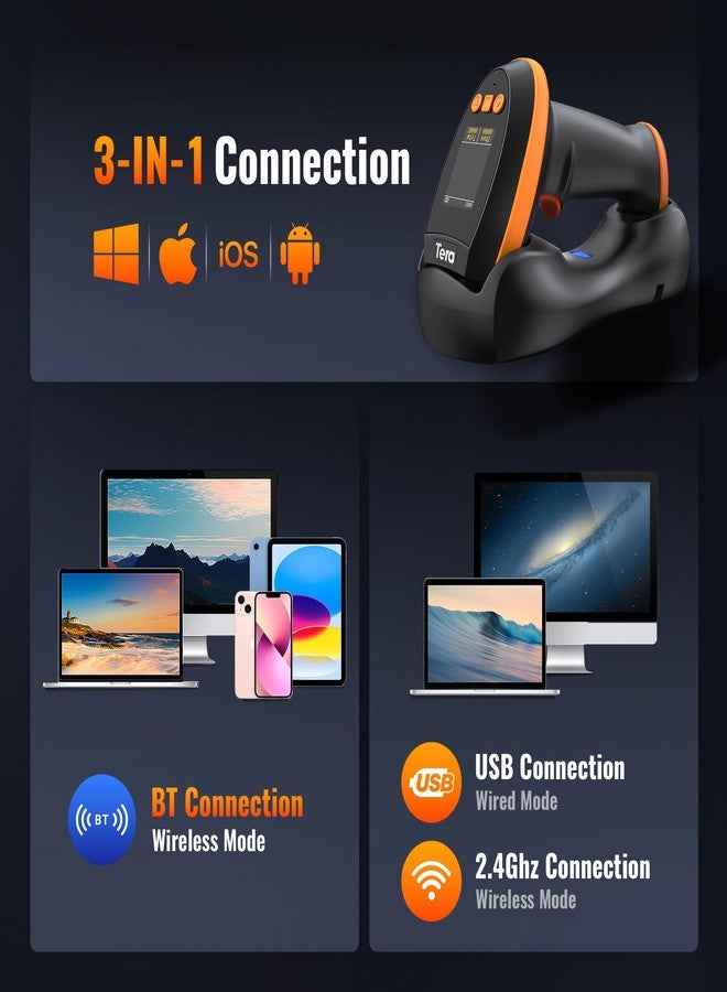 Tera Barcode Scanner Wireless with Screen: Pro Version 1D 2D QR with Setting Keypad Charging Cradle Works with Bluetooth 2.4G Wireless USB Wired Handheld Bar Code Reader HW0009 - Image 5