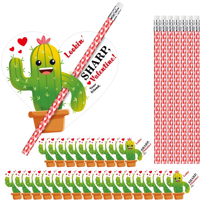Dunzoom 36 Sets Cactus Valentine's Day Cards Exchange Gifts for Kids Heart Pencils with Eraser Punny Cactus Valentines Day Cards with Pencils for School Classroom Gifts Party Favors - Image 1