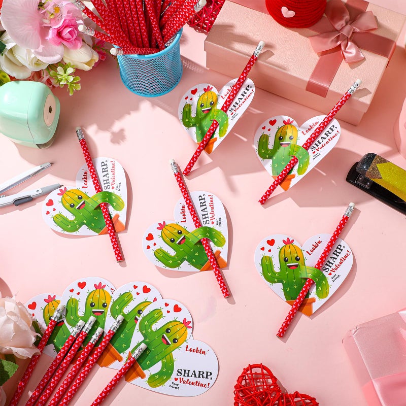 Dunzoom 36 Sets Cactus Valentine's Day Cards Exchange Gifts for Kids Heart Pencils with Eraser Punny Cactus Valentines Day Cards with Pencils for School Classroom Gifts Party Favors - Image 3