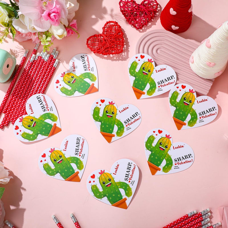 Dunzoom 36 Sets Cactus Valentine's Day Cards Exchange Gifts for Kids Heart Pencils with Eraser Punny Cactus Valentines Day Cards with Pencils for School Classroom Gifts Party Favors - Image 4