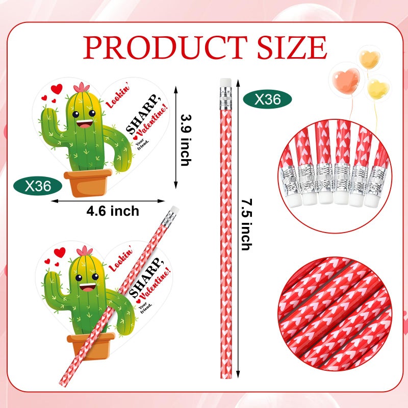 Dunzoom 36 Sets Cactus Valentine's Day Cards Exchange Gifts for Kids Heart Pencils with Eraser Punny Cactus Valentines Day Cards with Pencils for School Classroom Gifts Party Favors - Image 2