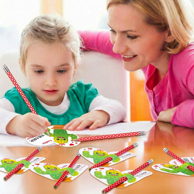 Dunzoom 36 Sets Cactus Valentine's Day Cards Exchange Gifts for Kids Heart Pencils with Eraser Punny Cactus Valentines Day Cards with Pencils for School Classroom Gifts Party Favors - Image 5