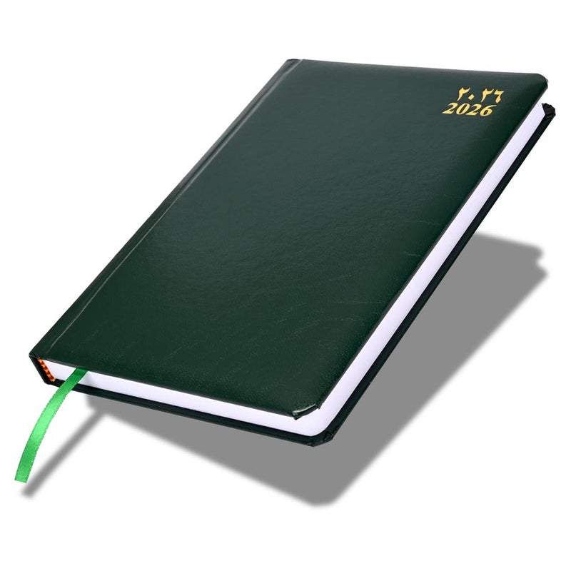 FIS مفكرة FIS 2026 A5، 148x210 مم، غلاف فينيل مبطن من جانب واحد مع زوايا مدورة، تنسيق يوم في صفحة، عربي/إنجليزي، ورق أبيض 60 جرام، غلاف أخضر-FSDI23AE26GR - Image 1