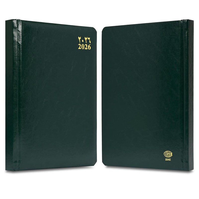 FIS مفكرة FIS 2026 A5، 148x210 مم، غلاف فينيل مبطن من جانب واحد مع زوايا مدورة، تنسيق يوم في صفحة، عربي/إنجليزي، ورق أبيض 60 جرام، غلاف أخضر-FSDI23AE26GR - Image 2