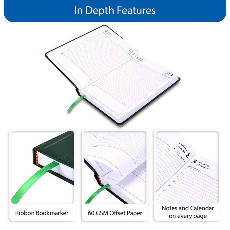 FIS مفكرة FIS 2026 A5، 148x210 مم، غلاف فينيل مبطن من جانب واحد مع زوايا مدورة، تنسيق يوم في صفحة، عربي/إنجليزي، ورق أبيض 60 جرام، غلاف أخضر-FSDI23AE26GR - Image 5