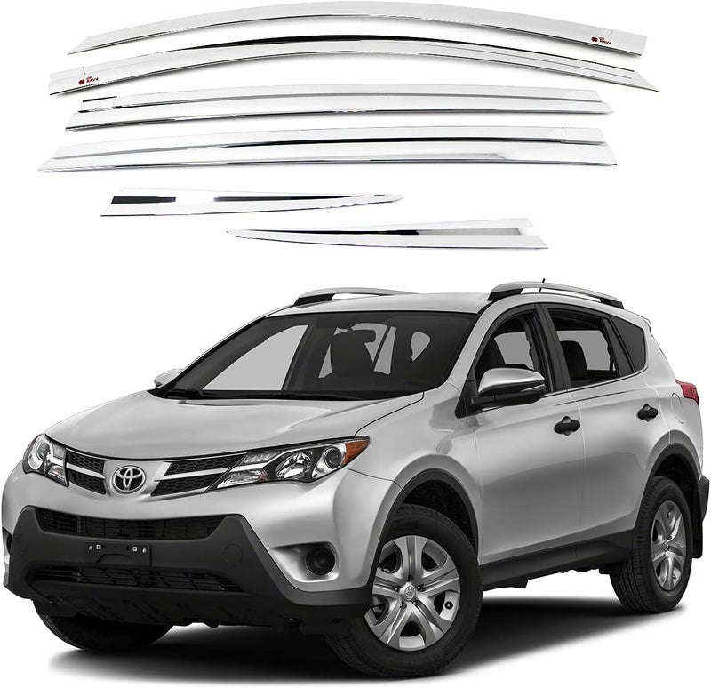 AUTO CLOVER AUTOCLOVER Tape-On Rain Guards Window Visors 6 Pcs Set for Toyota Rav4 2013 2014 2015 2016 2017 2018 / Window Deflectors, Out-Channel Vent Shades (Chrome) - Image 1
