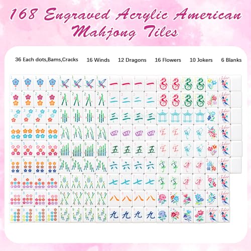 Soulchen 12 Inch Acrylic Rose Red American Mahjong Set 168 Blossom Numbered Tiles Tiles Bag and Portable Case Classic Complete Mahjong Set for Adult Collection Gift - Image 5