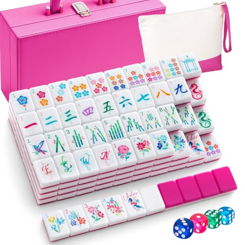 Soulchen 12 Inch Acrylic Rose Red American Mahjong Set 168 Blossom Numbered Tiles Tiles Bag and Portable Case Classic Complete Mahjong Set for Adult Collection Gift - Image 1