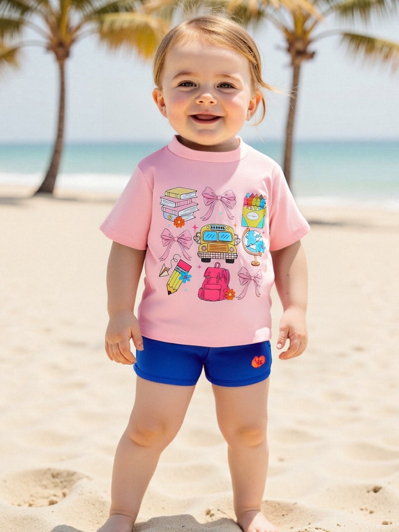 Little Girls T-Shirt School Element Print Crew Neck Short Sleeve Loose Fit Tops for Spring& Summer - Image 2