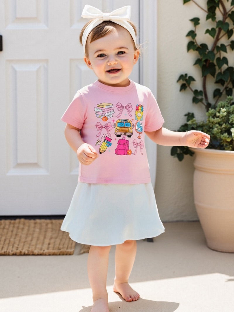 Little Girls T-Shirt School Element Print Crew Neck Short Sleeve Loose Fit Tops for Spring& Summer - Image 3