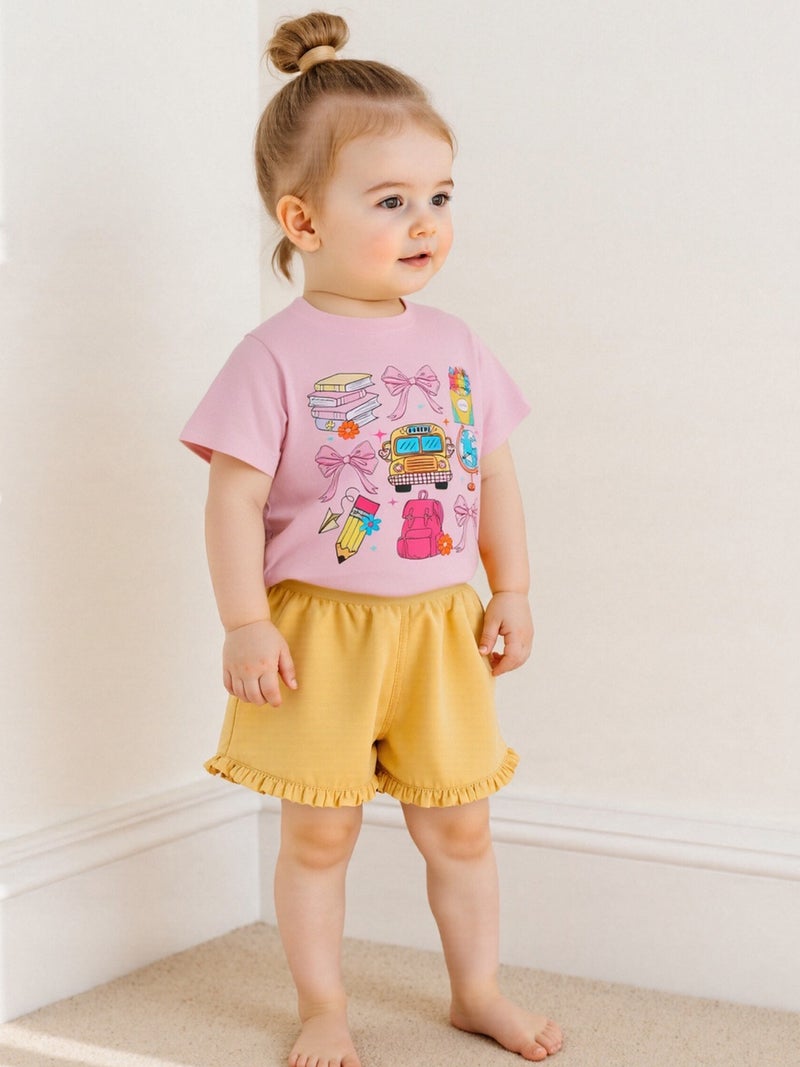 Little Girls T-Shirt School Element Print Crew Neck Short Sleeve Loose Fit Tops for Spring& Summer - Image 1