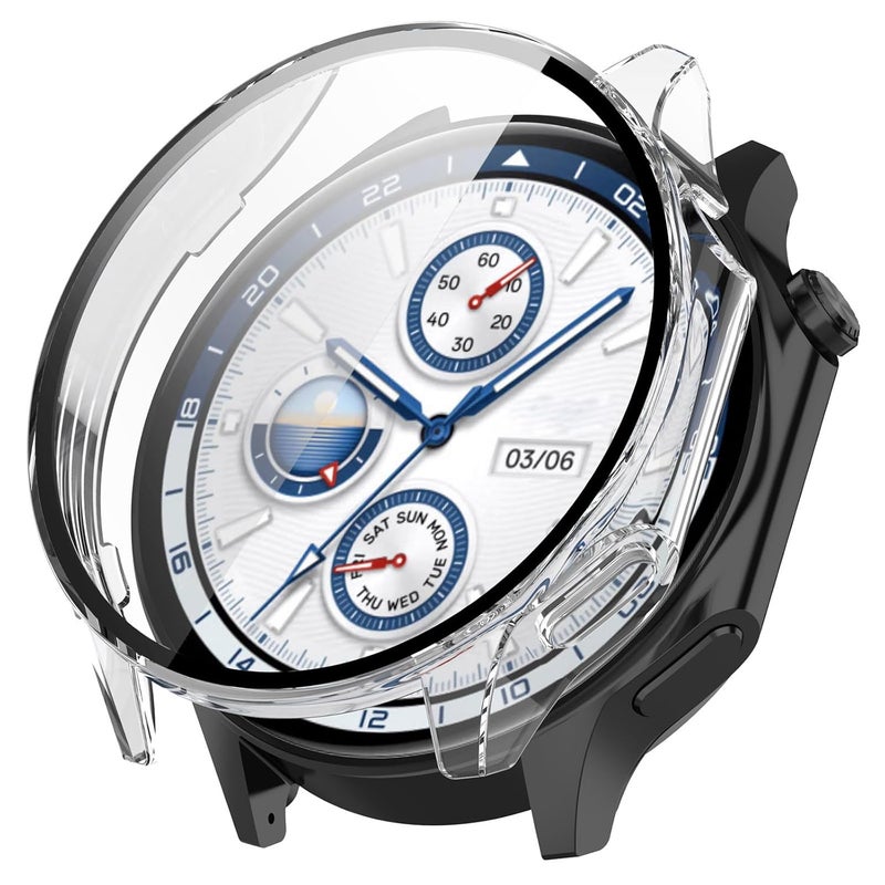 Wisely Electroplate Shine Protective Slim Bumper Tempered Glass Case Cover Compatible with OnePlus Watch 2, Transparent - Image 1