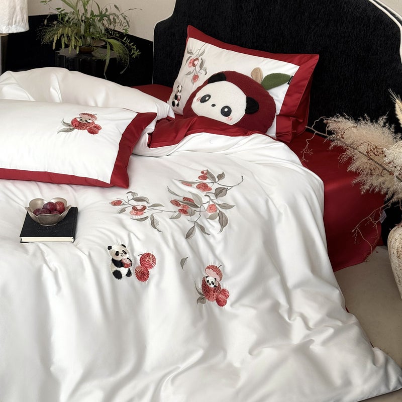 Panda Lili Red Bed Sheet Set, 100-Thread Count, Long-Staple Cotton, Panda Design - Image 1