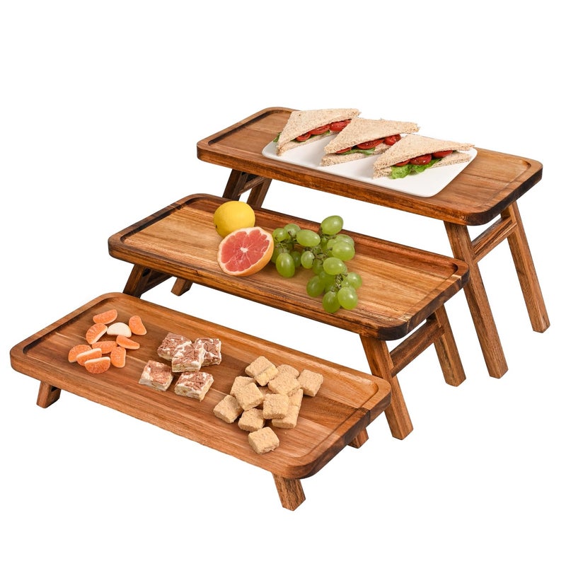 GEHE 3 Tier Serving Tray Acacia Wooden Tiered Tray Stand Foldable Dessert Table Display Set Decor Charcuterie Boards for Party, Birthday, Wedding, Christmas - Image 1