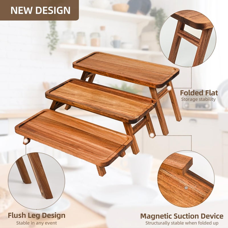 GEHE 3 Tier Serving Tray Acacia Wooden Tiered Tray Stand Foldable Dessert Table Display Set Decor Charcuterie Boards for Party, Birthday, Wedding, Christmas - Image 4