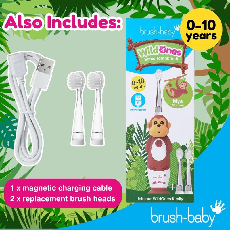 brush-baby فرشاة أسنان كهربائية قابلة لإعادة الشحن للأطفال من برش-بيبي وايلد أونز قرد، 1 مقبض، 3 رؤوس فرشاة، كابل شحن USB، للأعمار من 0-10 (قرد) - Image 3
