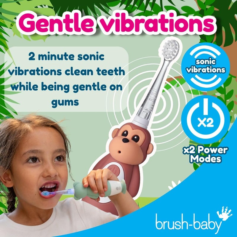 brush-baby فرشاة أسنان كهربائية قابلة لإعادة الشحن للأطفال من برش-بيبي وايلد أونز قرد، 1 مقبض، 3 رؤوس فرشاة، كابل شحن USB، للأعمار من 0-10 (قرد) - Image 4