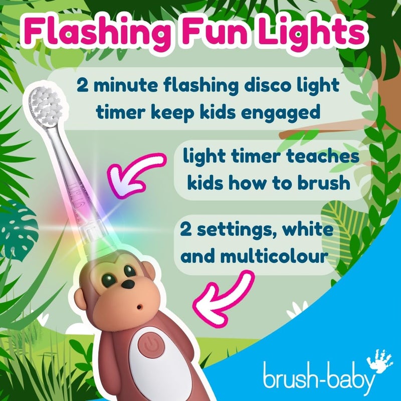 brush-baby فرشاة أسنان كهربائية قابلة لإعادة الشحن للأطفال من برش-بيبي وايلد أونز قرد، 1 مقبض، 3 رؤوس فرشاة، كابل شحن USB، للأعمار من 0-10 (قرد) - Image 5