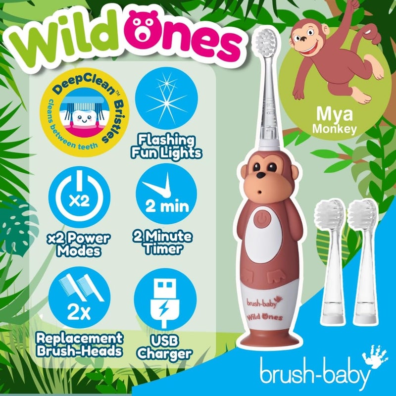 brush-baby فرشاة أسنان كهربائية قابلة لإعادة الشحن للأطفال من برش-بيبي وايلد أونز قرد، 1 مقبض، 3 رؤوس فرشاة، كابل شحن USB، للأعمار من 0-10 (قرد) - Image 2