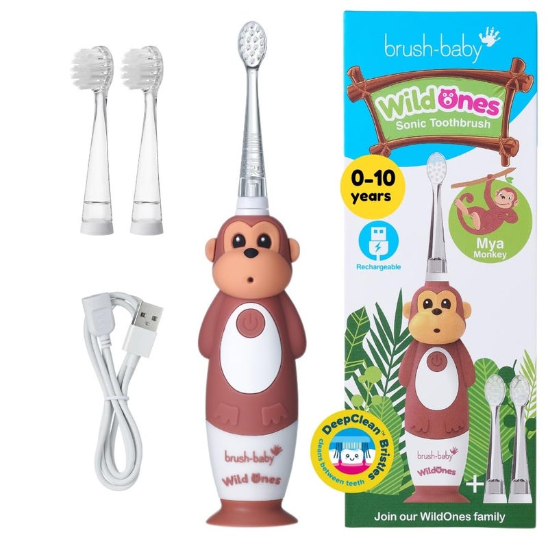 brush-baby فرشاة أسنان كهربائية قابلة لإعادة الشحن للأطفال من برش-بيبي وايلد أونز قرد، 1 مقبض، 3 رؤوس فرشاة، كابل شحن USB، للأعمار من 0-10 (قرد) - Image 1