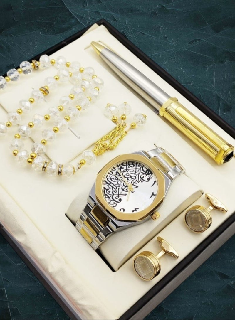 Catera A gift set for a high-quality, elegant waterproof men's watch, a silver and gold bracelet and a white dial with Arabic decorations - limited edition 