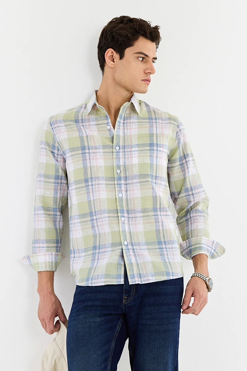 سنيتش Light Green Checkered Long Sleeve Regular Fit Casual Shirt