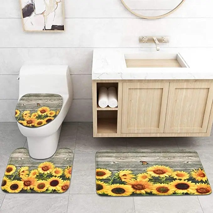 Y&D Sunflower Polyester Waterproof Toilet Accessories  Logo Shower Curtain Bathroom Set 4 Pcs - Image 5