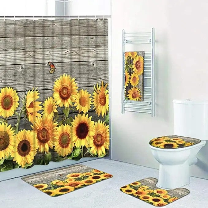 Y&D Sunflower Polyester Waterproof Toilet Accessories  Logo Shower Curtain Bathroom Set 4 Pcs - Image 2