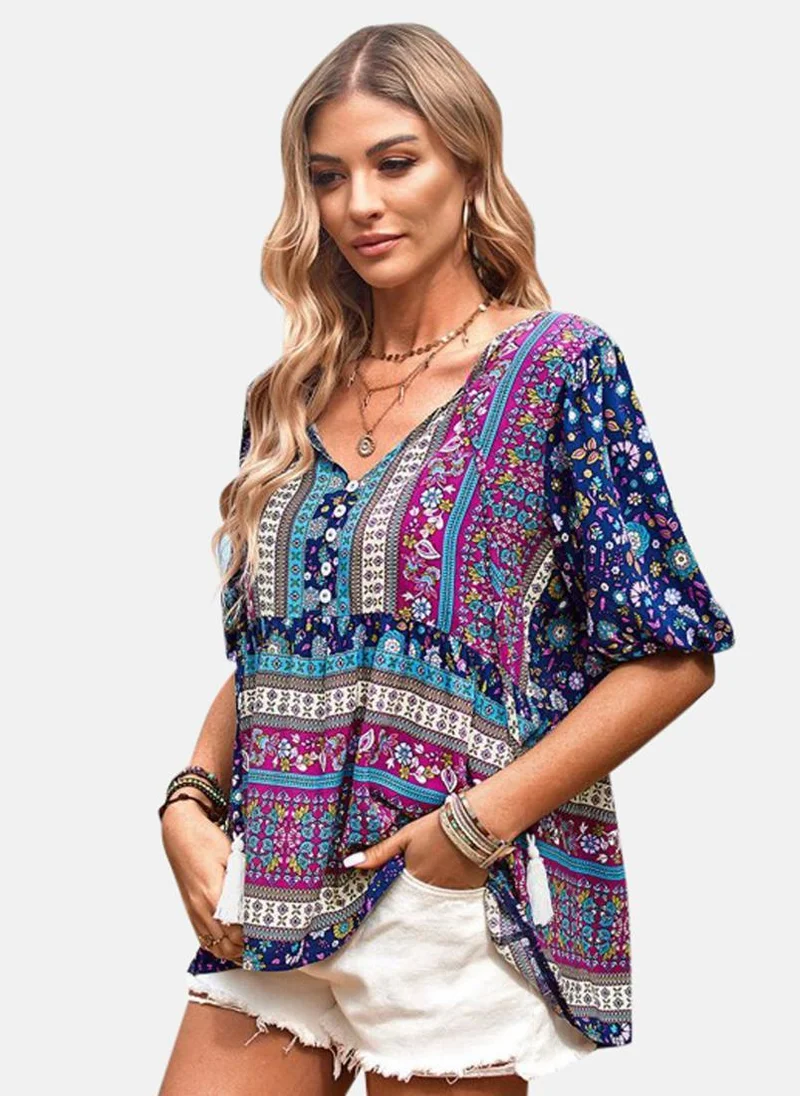 YUNIQEE Blue V-Neck Printed Top
