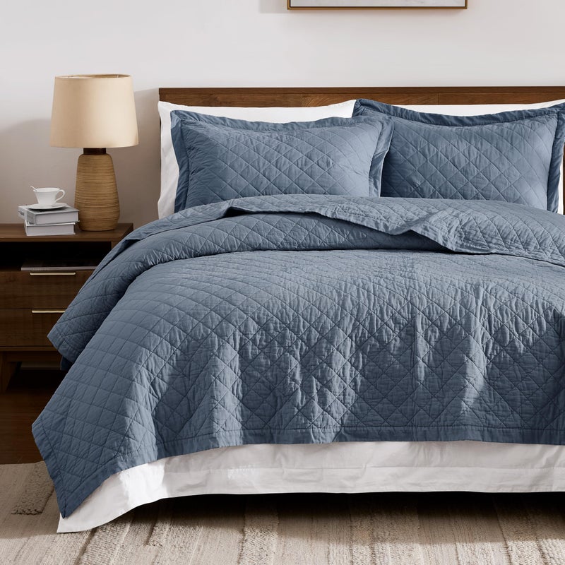 WDCOZY 100% Pre-Washed Cotton King Size Quilt Set - Dusty Blue Ruffle Box Soft Lightweight Bedspread, Textured Like Linen, Farmhouse Country Rustic Coverlet, Shabby Chic Gauze Bedding, 3 Pieces - Image 1