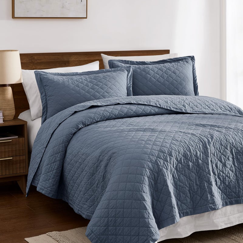WDCOZY 100% Pre-Washed Cotton King Size Quilt Set - Dusty Blue Ruffle Box Soft Lightweight Bedspread, Textured Like Linen, Farmhouse Country Rustic Coverlet, Shabby Chic Gauze Bedding, 3 Pieces - Image 2