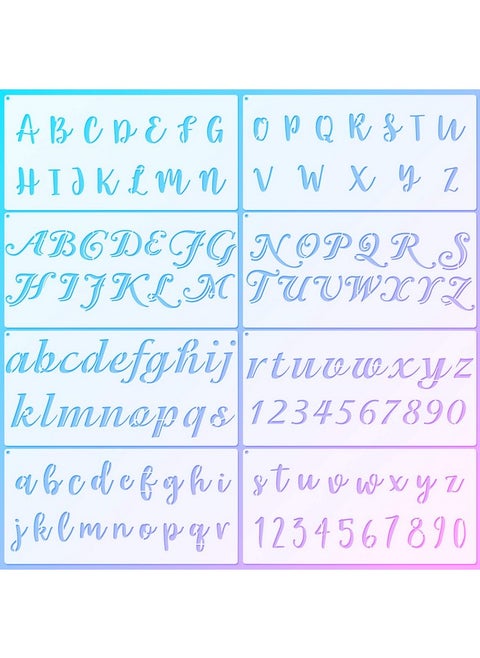 8 Pieces Calligraphy Letter Number Stencil Reusable Template Cursive Alphabet Cake Stencils With Metal Open Ring For Cake Airbrush Art And Craft Painting (7.8 X 3.9 Inch)