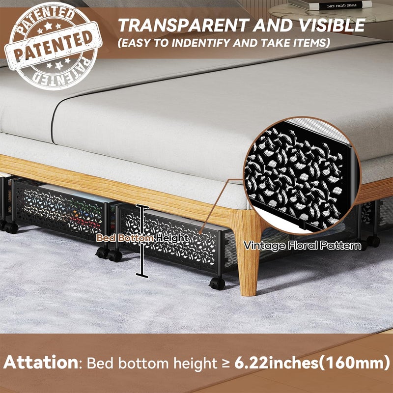 PHINOX Under Bed Storage Containers with Wheels - Shoe Storage Organizer Drawer, Tool-free Assembly Metal Underbed Storage Containers for Bedroom Clothes, Shoes, Blankets - 2 Pack - Image 3