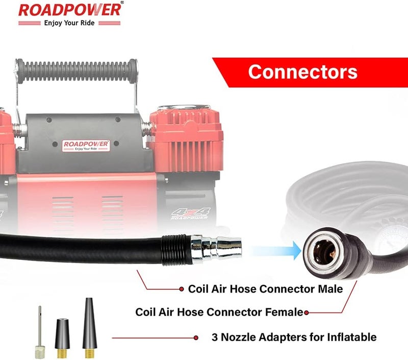 رود باور ضاغط هواء للسيارات من نوع ROADPOWER ذو أسطوانتين، متطور للغاية، مناسب للسيارات ذات الدفع الرباعي (4x4)، يتميز بتدفق هواء سريع للغاية (300 لتر في الدقيقة) وضغط يصل إلى 150 رطل لكل بوصة مربعة (150 PSI)، يعمل بجهد كهربائي 12 فولت، ومزود بحقيبة للنقل. اللون: أحمر. - Image 3