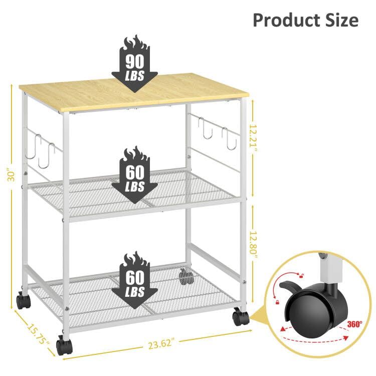 ThreeHio Rolling Kitchen Microwave Cart, 3 Tier Microwave Table Stand with Storage, Kitchen Utility Cart on Lockable Wheels, Small Coffee Station Shelf Rack Organizer for Living Room Office, Balcony - Image 3