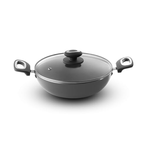 VAYA Hautechef Kadai with Glass Lid 16cm, Has Non Stick Coating, 3-Layer ILAG Swiss Coating, PFOA-Free, Induction Friendly, with Soft-Touch Matching Handle, Color - Grey - Image 1