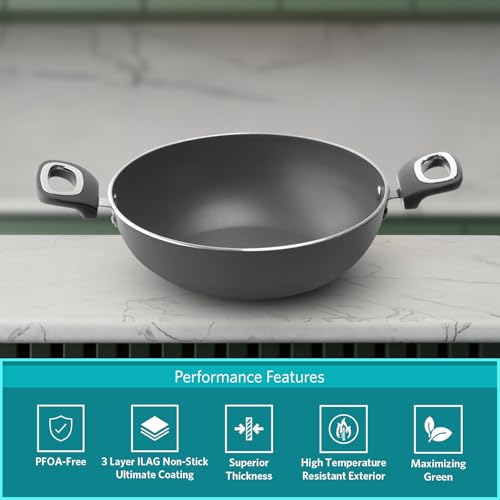 VAYA Hautechef Kadai with Glass Lid 16cm, Has Non Stick Coating, 3-Layer ILAG Swiss Coating, PFOA-Free, Induction Friendly, with Soft-Touch Matching Handle, Color - Grey - Image 3