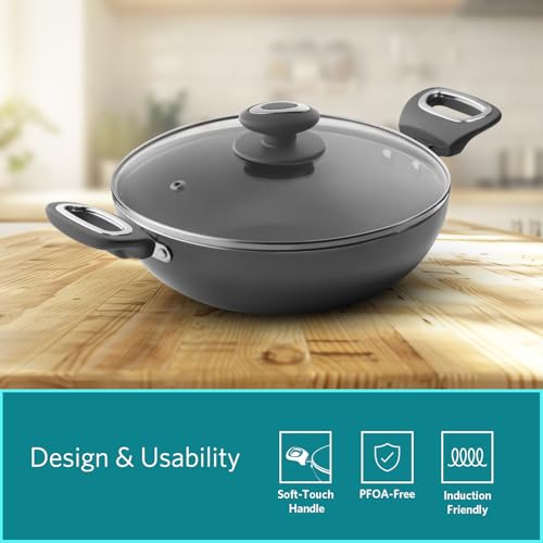 VAYA Hautechef Kadai with Glass Lid 16cm, Has Non Stick Coating, 3-Layer ILAG Swiss Coating, PFOA-Free, Induction Friendly, with Soft-Touch Matching Handle, Color - Grey - Image 2