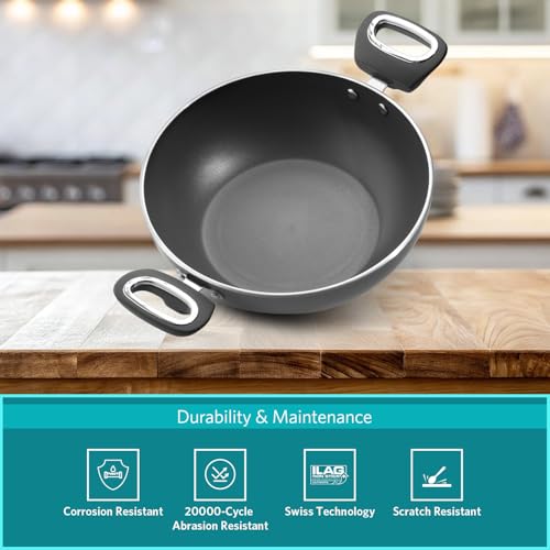 VAYA Hautechef Kadai with Glass Lid 16cm, Has Non Stick Coating, 3-Layer ILAG Swiss Coating, PFOA-Free, Induction Friendly, with Soft-Touch Matching Handle, Color - Grey - Image 4