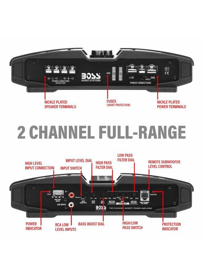 BOSS AUDIO SYSTEMS PT1600 Phantom Series Car Stereo Amplifier – 1600 High Output, 2 Channel, Class A/B, 2/4 Ohm, High/Low Level Inputs, High/Low Pass Crossover, Full Range, Mosfet, Bridgeable - Image 3