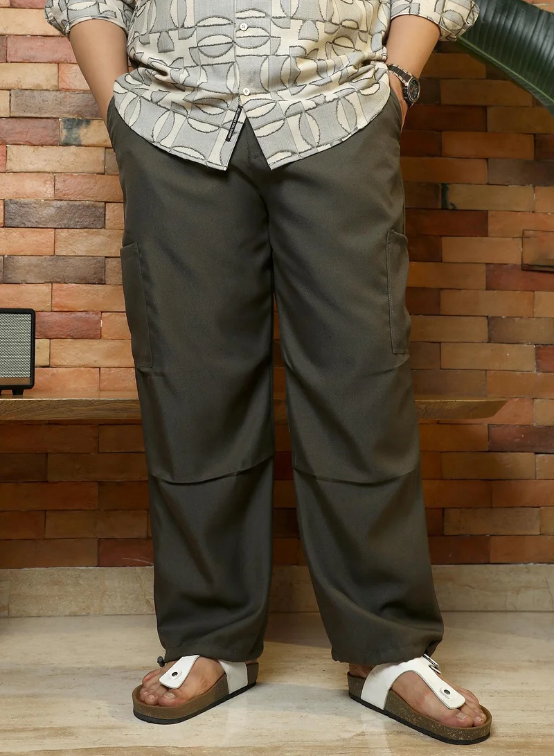 Instafab Plus Instafab Plus Men's Olive Green Twill-Utility Parachute Trousers | Mid-Rise , Drawcord Hem , Button Closure | Solid Twill Polyester Blend Material For Street & Casual Wear