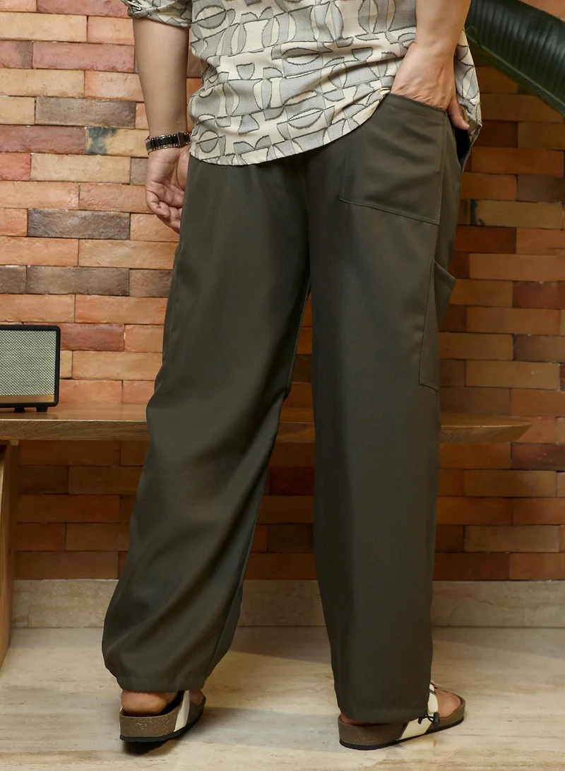 Instafab Plus  Instafab Plus Men's Olive Green Twill-Utility Parachute Trousers | Mid-Rise , Drawcord Hem , Button Closure | Solid Twill Polyester Blend Material For Street & Casual Wear for Men | Best Price UAE