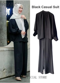 roaiss 2Pcs Women's Casual Set Long-Sleeved Top + Pants of The Same Color Malay Indonesia Style Loose Casual Comfortable  - Image 1