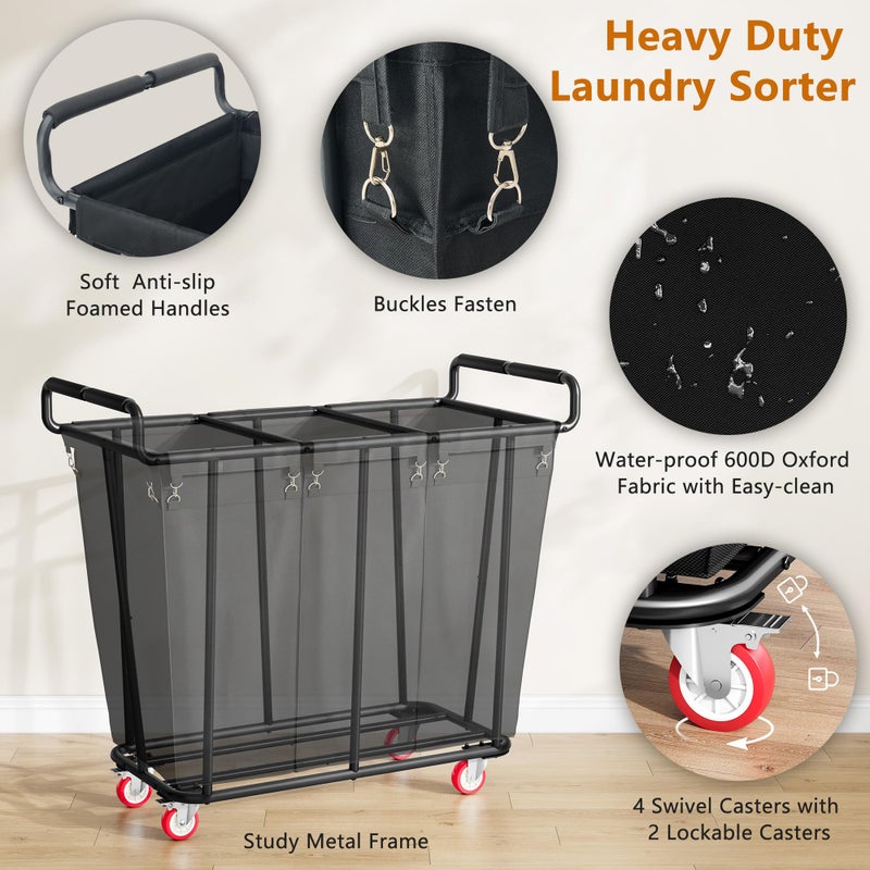 Gewudraw Large laundry hamper with Wheels, 360L 3 Bag Big Rolling Laundry Hamper Sorter Cart, Extra Large Laundry Clothes Hamper, Heavy Duty Laundry Basket Organizer for Laundry Room,Bathroom,Black - Image 4