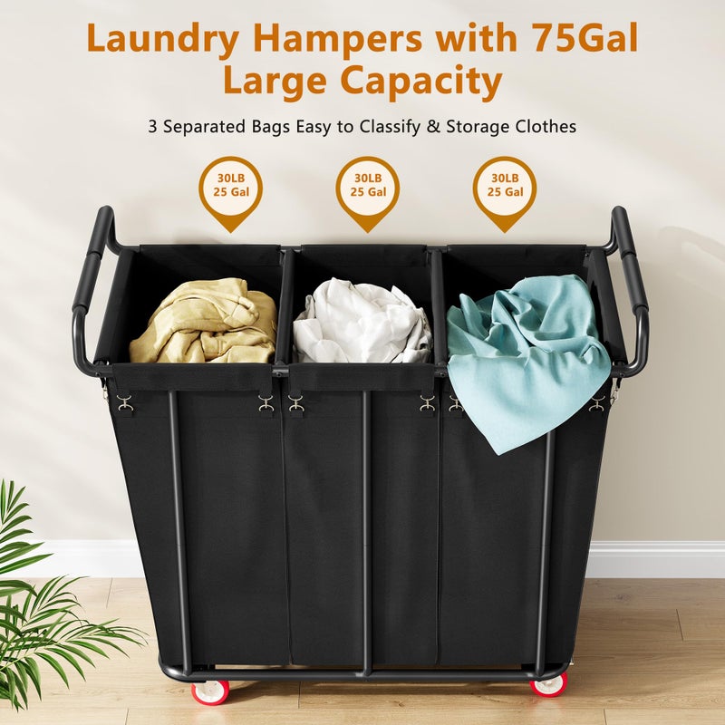 Gewudraw Large laundry hamper with Wheels, 360L 3 Bag Big Rolling Laundry Hamper Sorter Cart, Extra Large Laundry Clothes Hamper, Heavy Duty Laundry Basket Organizer for Laundry Room,Bathroom,Black - Image 2
