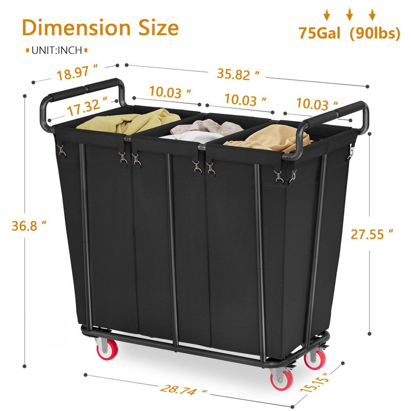 Gewudraw Large laundry hamper with Wheels, 360L 3 Bag Big Rolling Laundry Hamper Sorter Cart, Extra Large Laundry Clothes Hamper, Heavy Duty Laundry Basket Organizer for Laundry Room,Bathroom,Black - Image 5