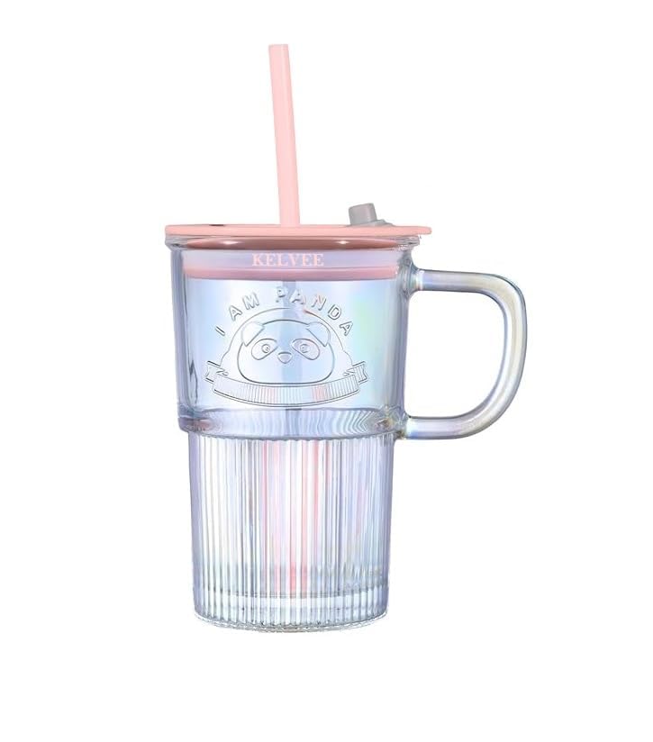 AVMPHD Glass Tumbler with Lid Handle Embossed Iced Coffee Cup with Cute Panda PatternStriped Colored Smoothie Glasses MugRomantic Juice Beverages Drinking Jar Multicolor - Image 1