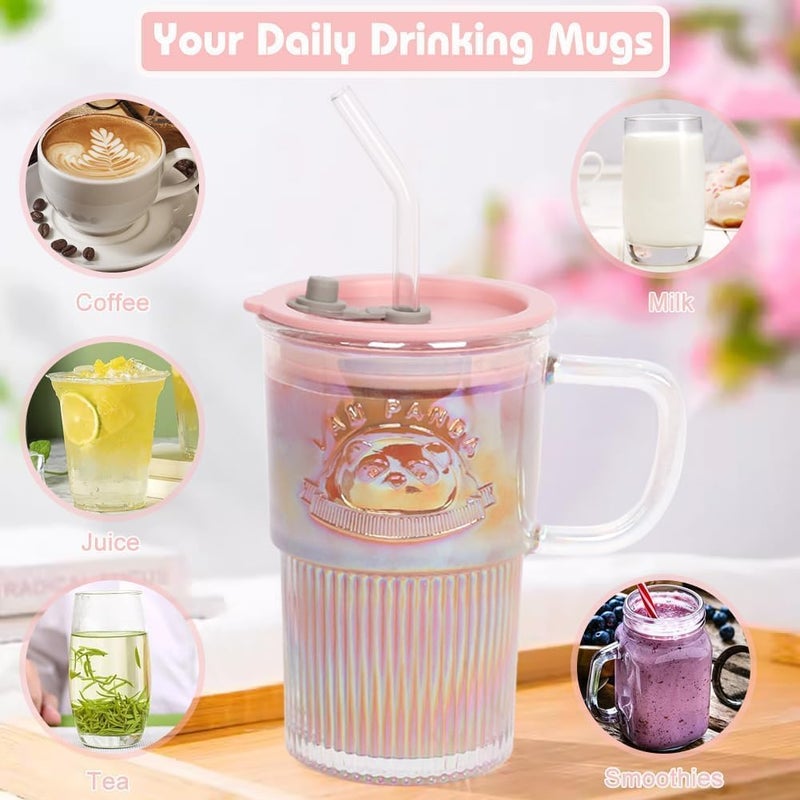 AVMPHD Glass Tumbler with Lid Handle Embossed Iced Coffee Cup with Cute Panda PatternStriped Colored Smoothie Glasses MugRomantic Juice Beverages Drinking Jar Multicolor - Image 3