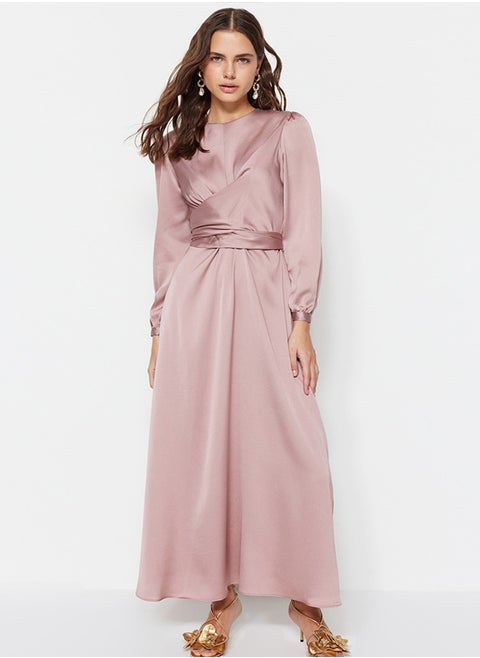 Pink Cross Tie Detailed Satin Evening Dress TCTAW22EB0105